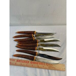 8 Blade Sheffield serrated knives vintage replacements faux horn handle
